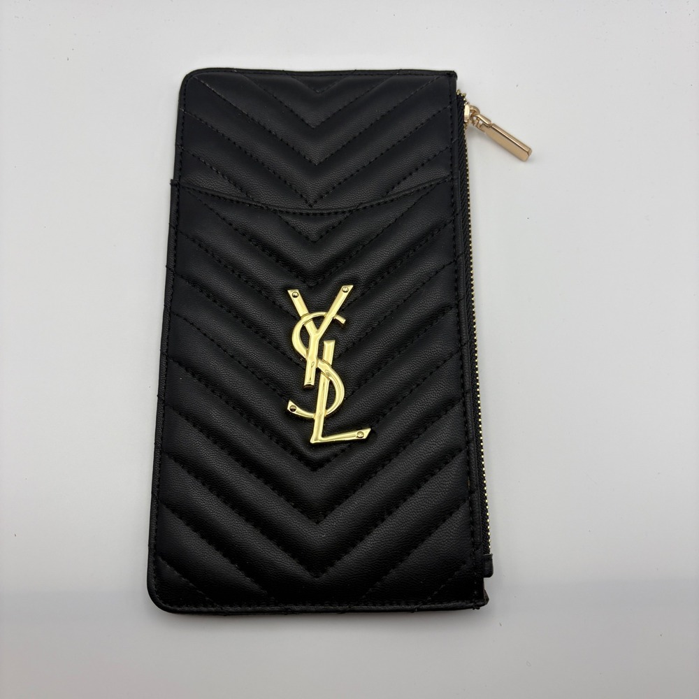 Saint Laurent Monogram Fragments Zippered Card Case Black Quilted Leather Gold
